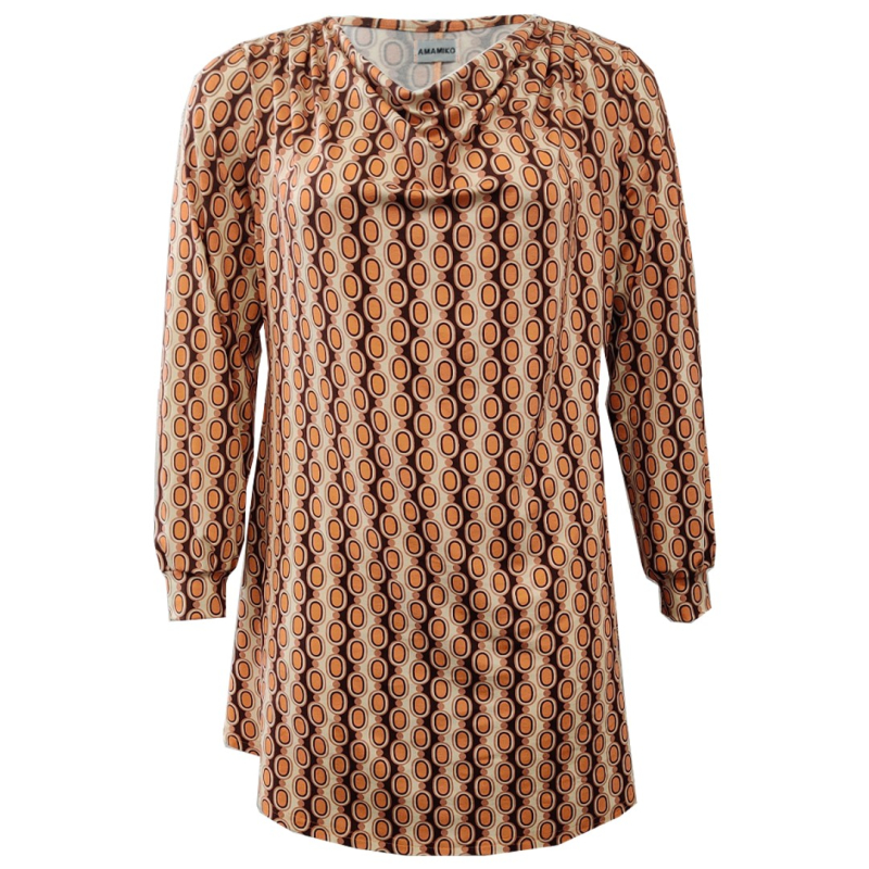 Plus Size Bluse Natsu Retro Pearls i Cognac Farve