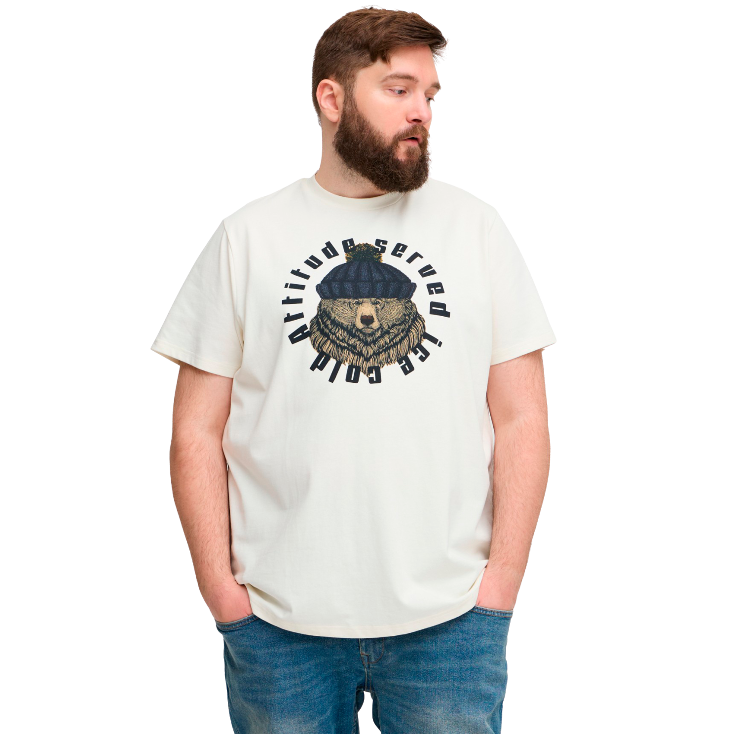 Plus Size T-shirt til Mænd – Hvid med Bjørneprint