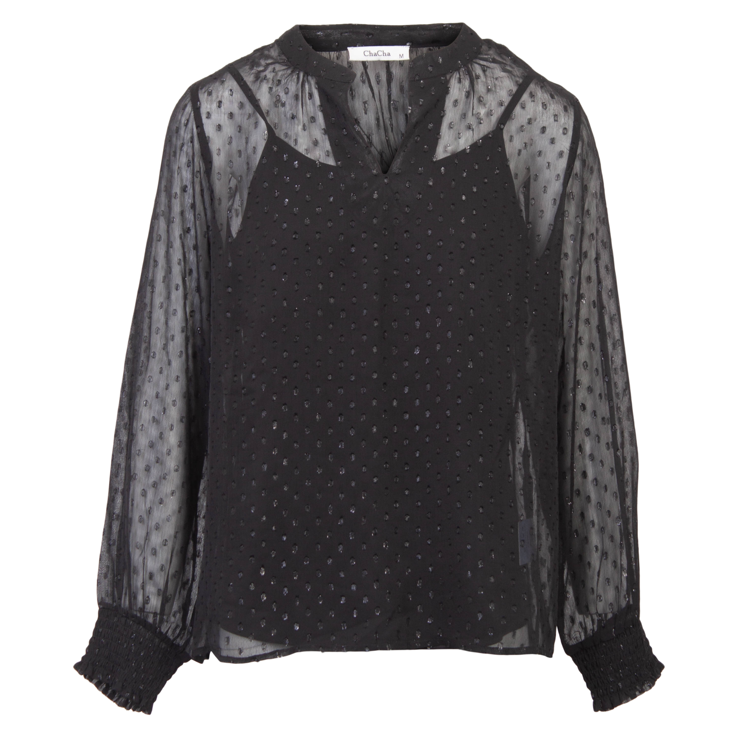 Chacha Bluse til Damer – Sort Chiffon med Glittereffekt