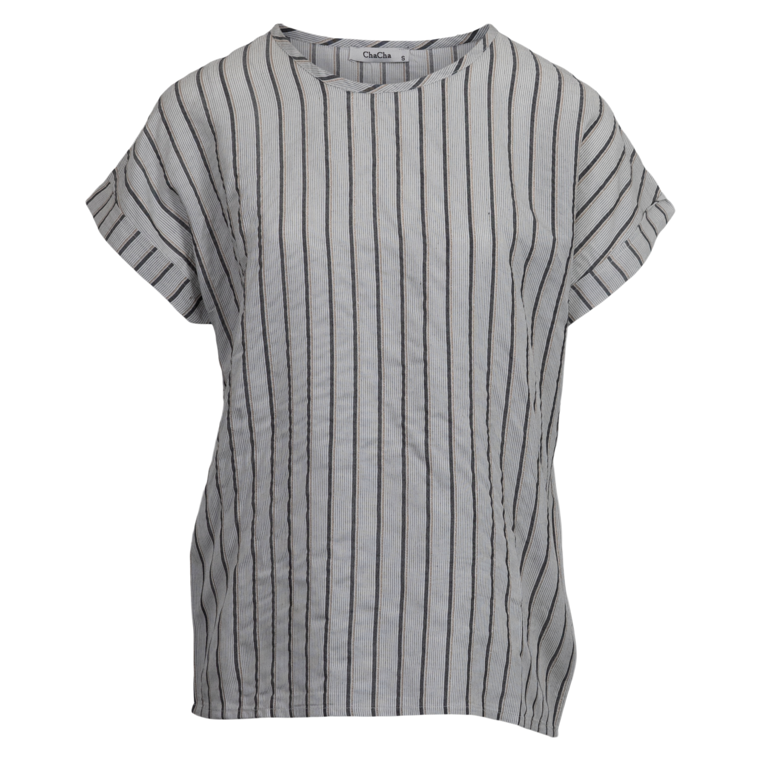 Chacha Dame Kortærmet Bluse Grey Black Stripe   i Store Plus Size Størrelser