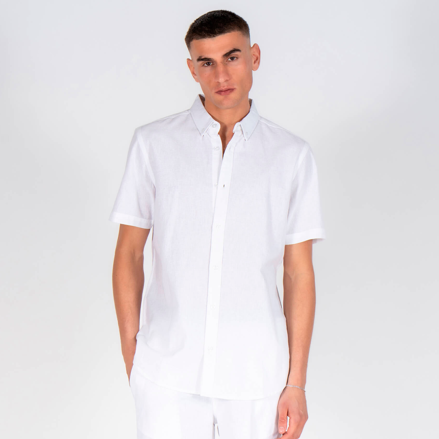 Marcus Sander Herre Kortærmet Skjorte   Hørmix Bright White    i Store Plus Size Størrelser