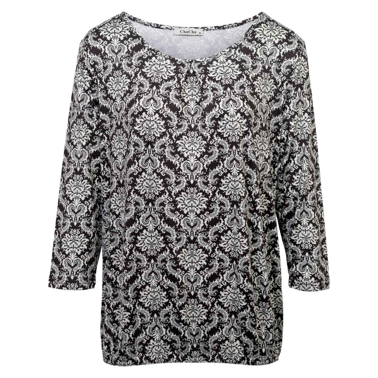 Elegant Chacha Bluse med Sort/Hvid Print til Kvinder