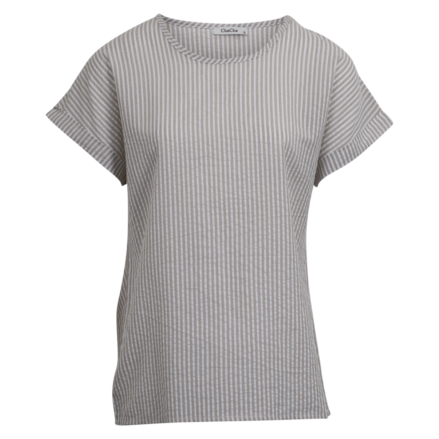 Chacha Dame Kortærmet Bluse Beige White Stripe   i Store Plus Size Størrelser