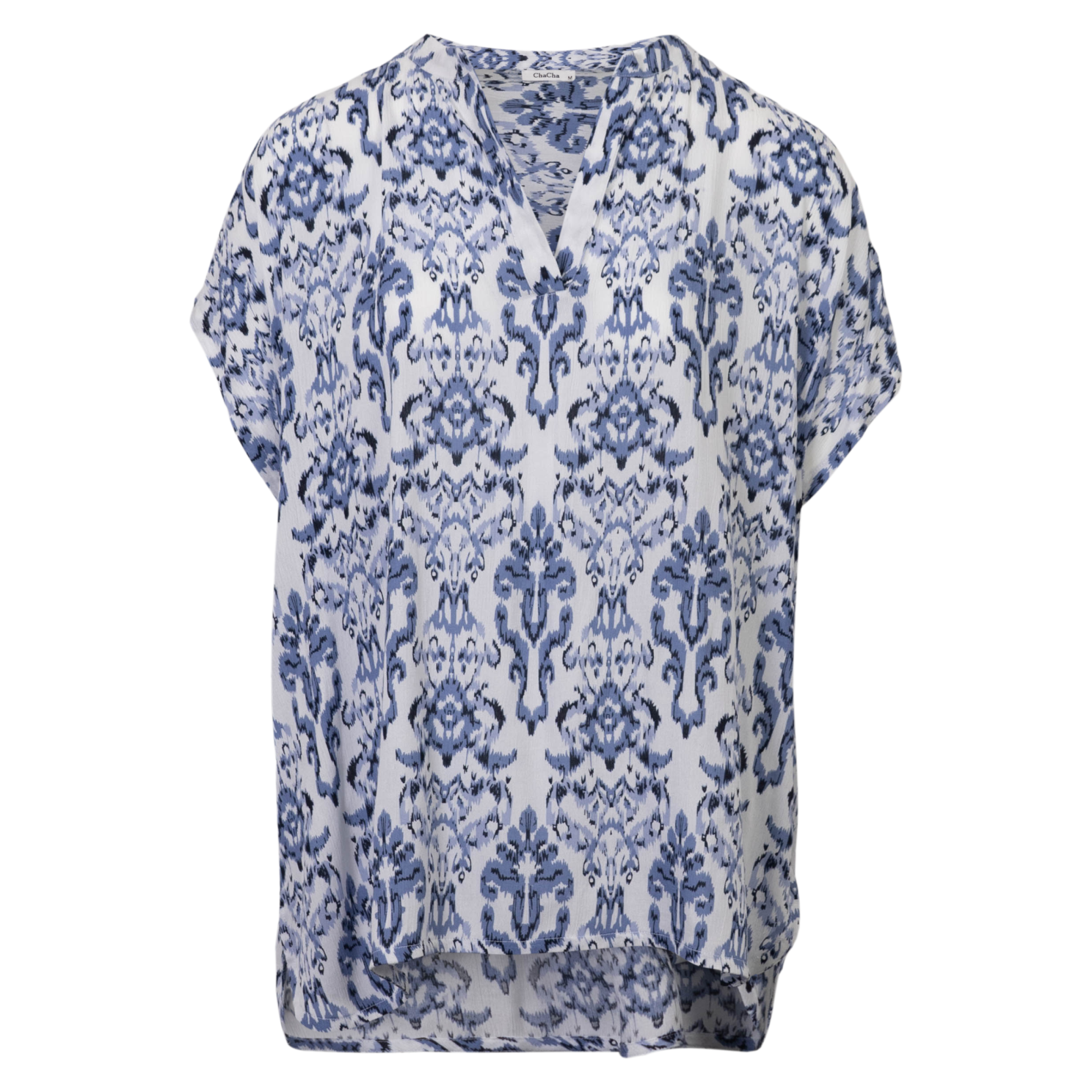 Chacha Dame Kortærmet Bluse Blue Combo   i Store Plus Size Størrelser