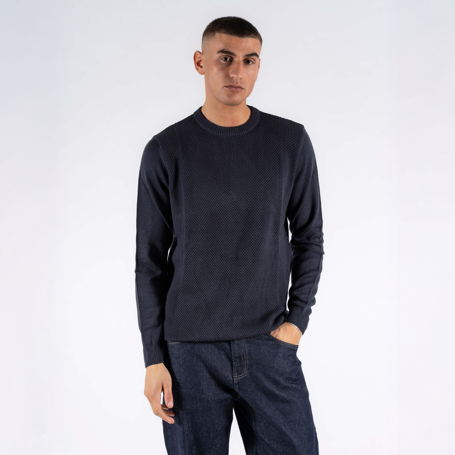 Marcus Herre Striktrøje i Night Navy – Plus Size Tilbud