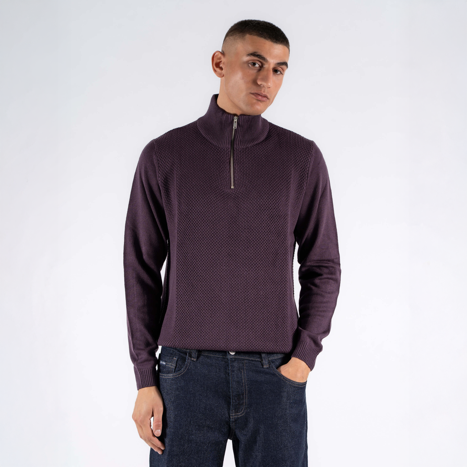 Marcus Hubble Half Zip Herre Striktrøje Dark Plum   i Store Plus Size Størrelser
