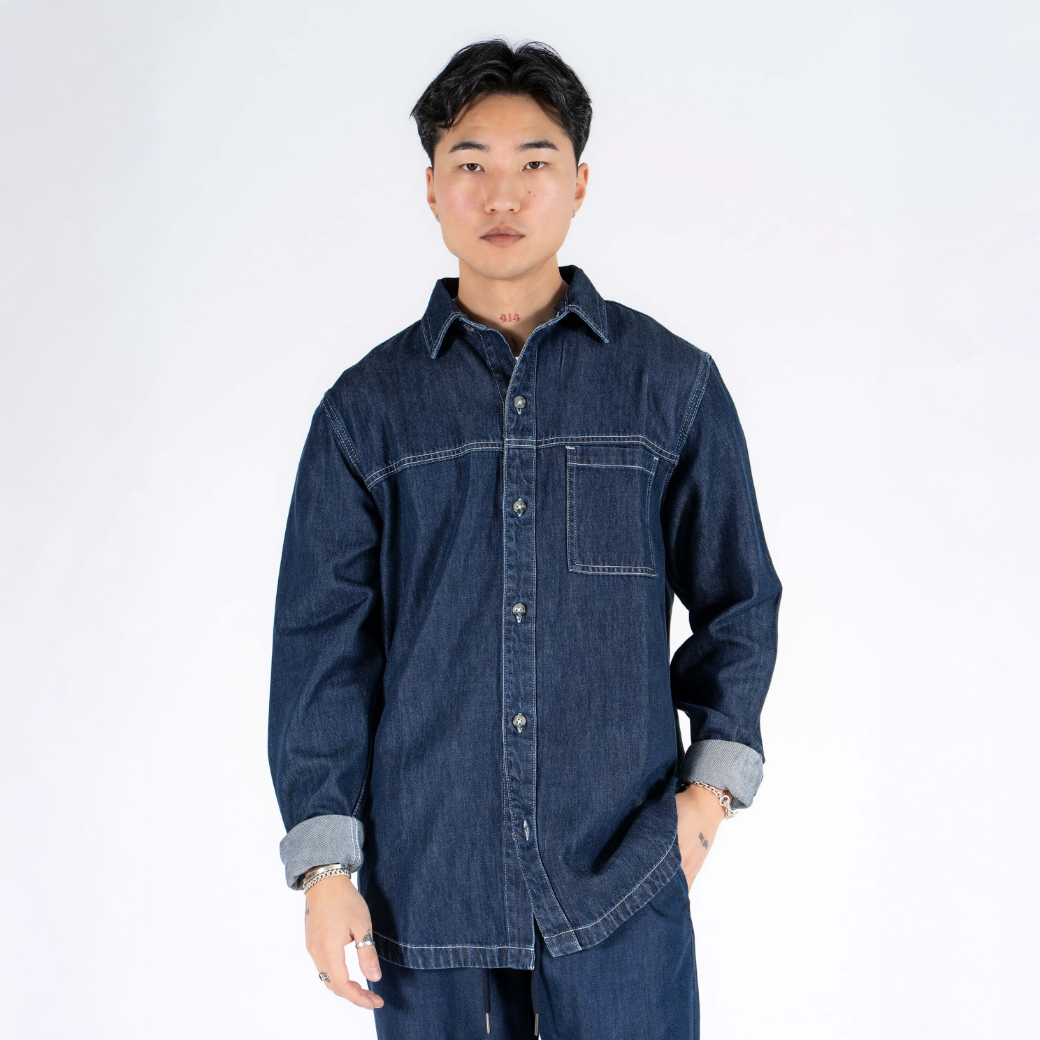 Marcus Stuart Herre Skjorte Blue Night Wash    i Store Plus Size Størrelser