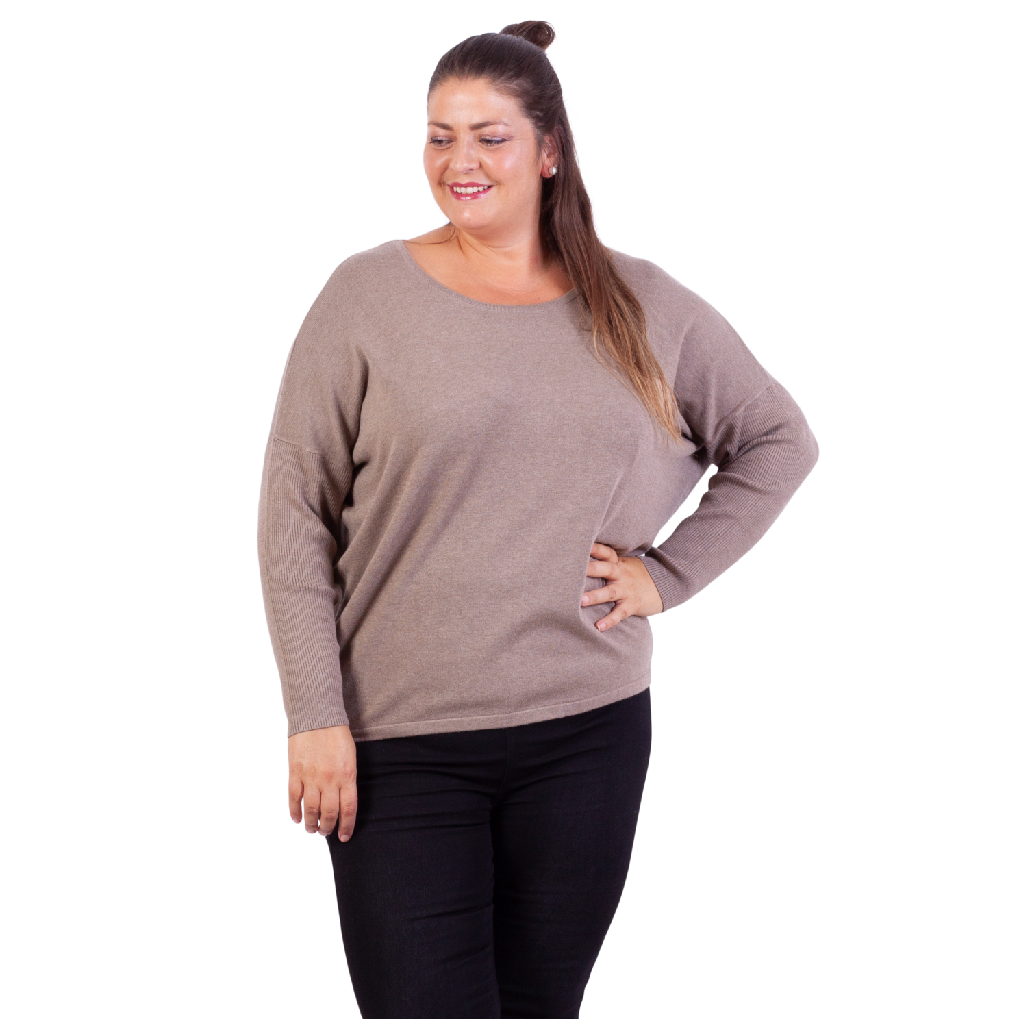 Steenholt Cava Plus Size Striktrøje til Dame – Sand Farve