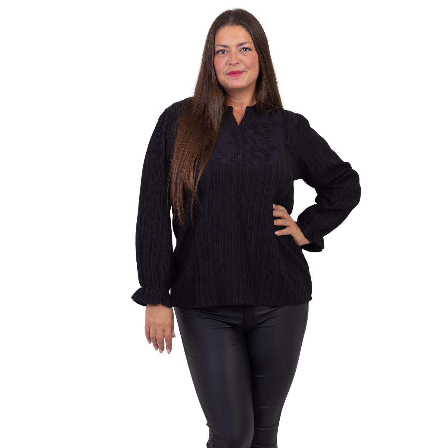 Elegant Sort Bluse med Broderi til Plus Size Kvinder