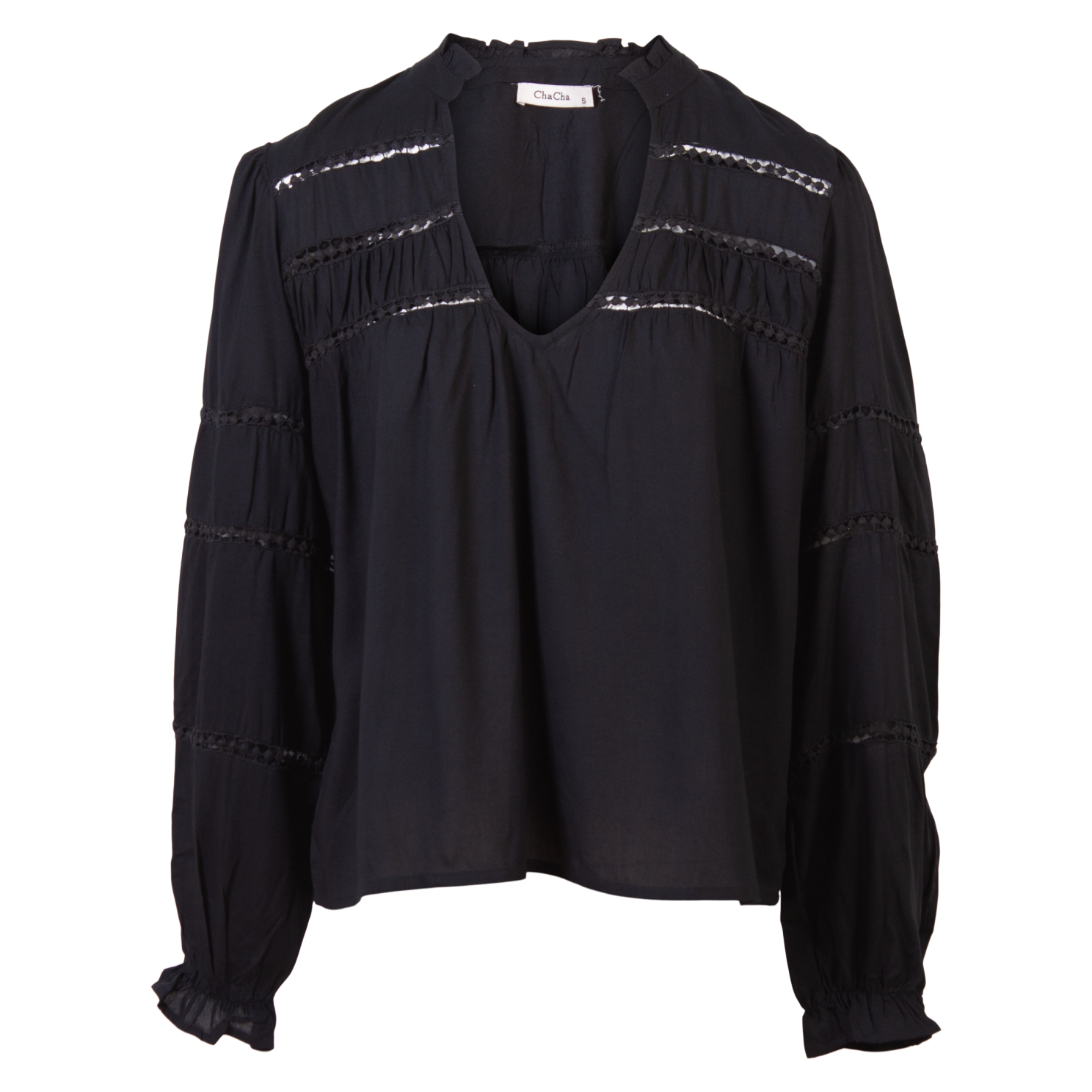 Elegant Sort Bluse med Hæklede Detaljer til Kvinder